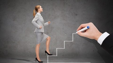 Businesswoman Walking Up Hand Drawn Stairs