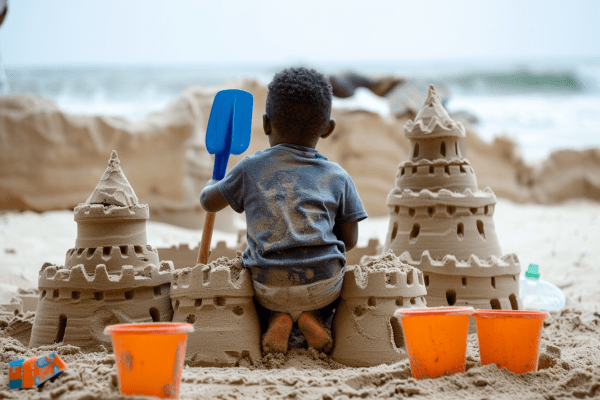 A toddler building a sand castle on the beach and holding a blue plastic shovel in his left hand with three orange plastic buckets next to him