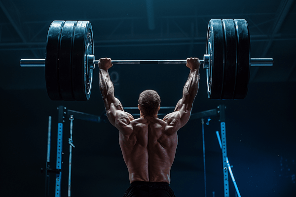 A weightlifter lifting heavy weights above his head