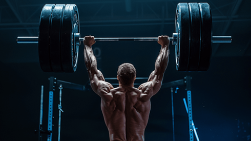 A weightlifter lifting heavy weights above his head