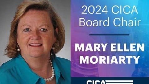 Headshot of Mary Ellen Moriarty to the left of text saying 2024 the Captive Insurance Companies Association (CICA) Board Chair and her name