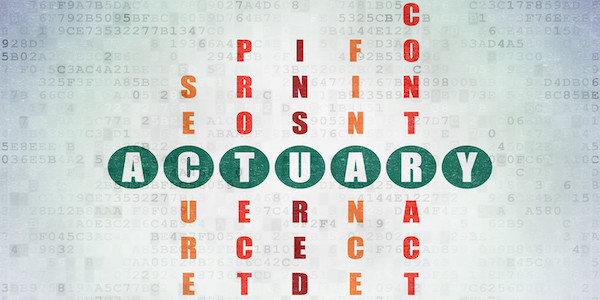 The word actuary with the words secure, protect, insured, finance, and contract crossing it