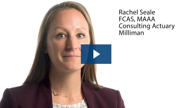 Headshot of Rachel Seale with a blue play button on top.