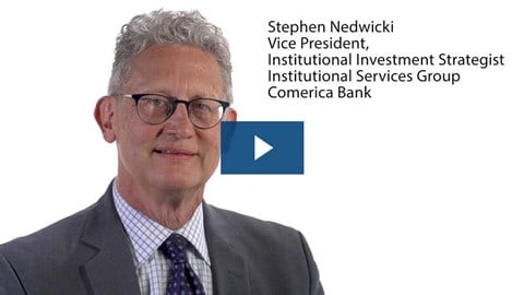 Headshot of Stephen Nedwicki with a blue play button on top.