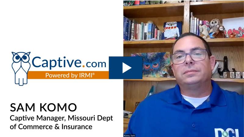 Sam Komo, captive manager, Missouri Department of Commerce and Insurance next to Captive.com logo and play button