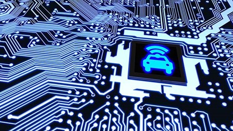 Blue lit up circuit board with chip showing car with wifi signal icon