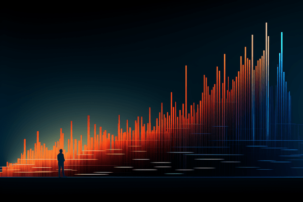 Silhouette of a Standing Person Facing an Increasingly Upward Trend Represented in a Giant Bar Graph 