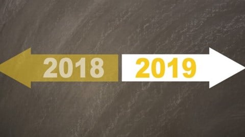 A yellow arrow with the year 2018 is pointing to the left and a white arrow with the year 2019 is pointing to the right