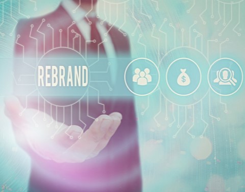 Businessman holding the word "rebrand" and symbols for different business aspects