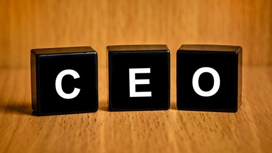 CEO spelled out in white on black blocks against a woodgrain background