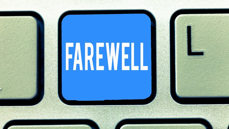 Blue computer keyboard key with the word Farewell written on it