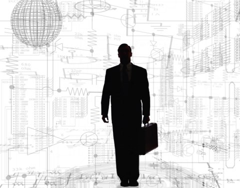 A silhouette of a businessman standing and holding a briefcase against a white background filled with gray technical drawings