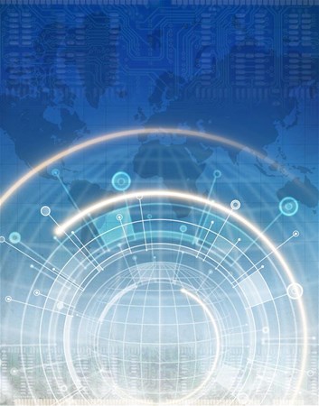 Abstract with flat world map in background, graphed globe with lines, circles, and computer generated drawings