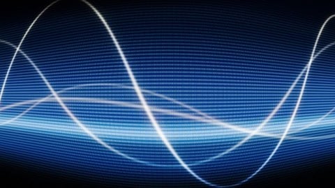 Graph abstract with 4 white curvy lines overlapping running on top of a wide band of blue digits with a black background