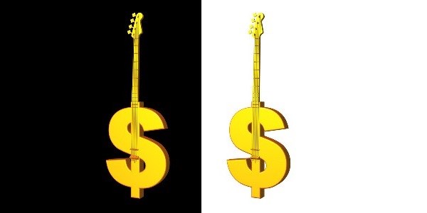Two dollar signs with guitar necks on black and white background