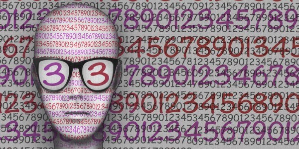 Human head wearing glasses with numbers in the lenses and surrounded by numbers