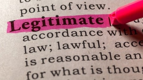 The word Legitimate is highlighted in pink and defined in a dictionary