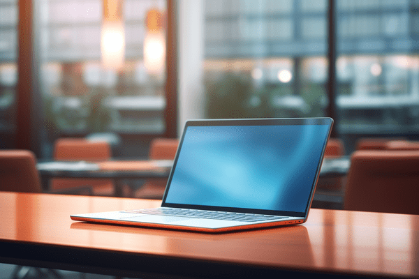 Open laptop on a table in a conference room 