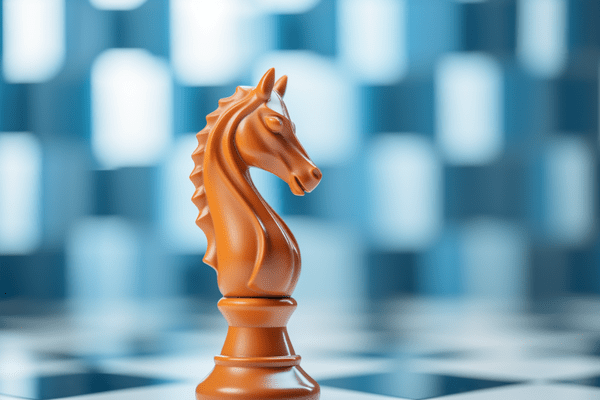 Orange Knight Chess Piece on a Chess Board with Blurry Blue and White Checkerboard in Background