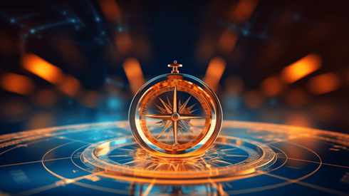A Compass Sits Atop and Is Reflected in a Globe with Muted Starburst and Points of Light in Background
