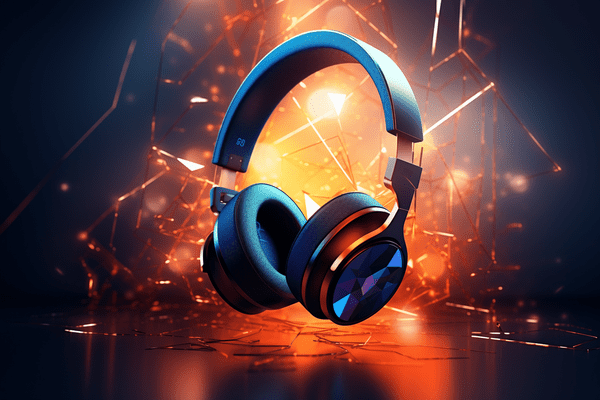 A Set of Blue and Black Over-the-Head Earphones Floats Against a Background of Shattered Glass and a Spotlight