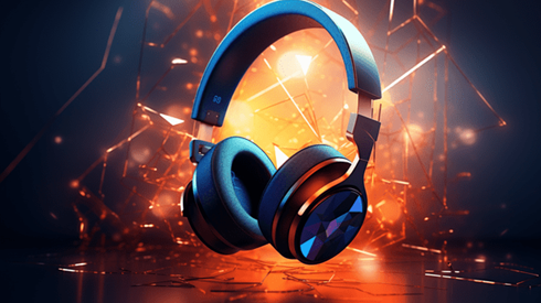 A Set of Blue and Black Over-the-Head Earphones Floats Against a Background of Shattered Glass and a Spotlight