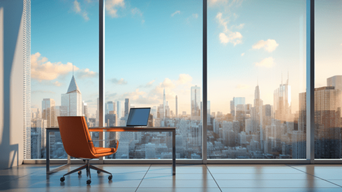 Empty Executive Chair at a Desk with a Monitor Looks Out a Bank of Windows at a City Skyline