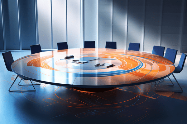 A round table in a board room with chairs on one side