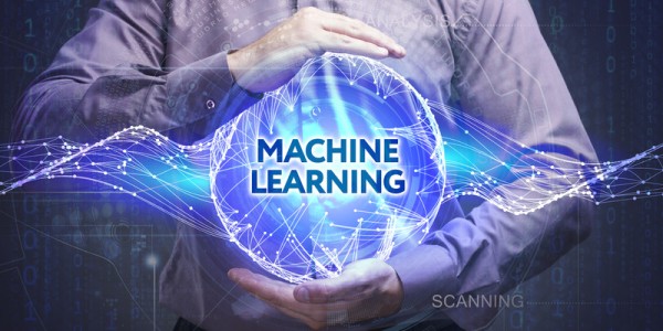 Man holding abstract globe with wavy lines and connection points and the words MACHINE LEARNING with 0 and 1 digits behind 