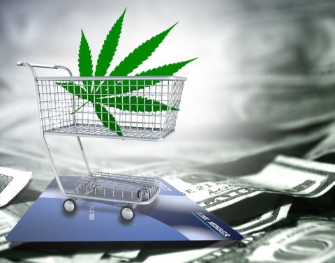 Marijuana Leaf In Shopping Cart On Credit Card And Dollar Bills