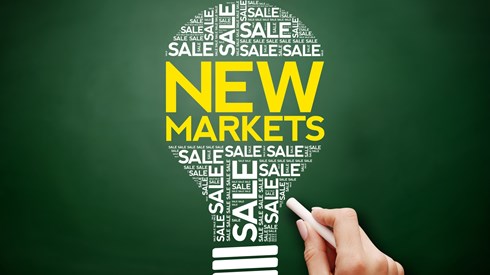 Light bulb that is formed by the word "New Markets" in yellow in the middle with the words "Sale" surrounding it