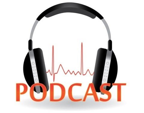 PODCAST in large red letters in front of headphones with red electrocardiogram line tracing passing between the ear cushions