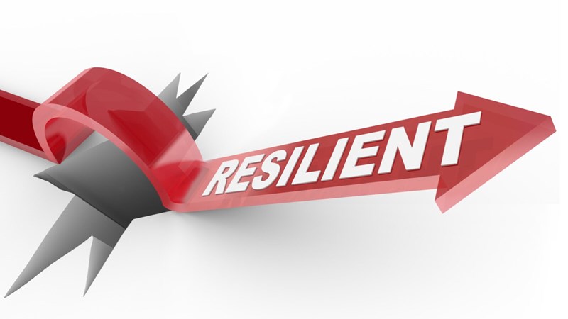 Red arrow reading "resilient" shown jumping over a broken hole on the ground and moving upward from there