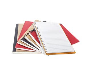 Several bound and sprial notebooks spread out on a white background with lined paper showing on top