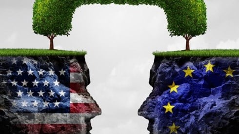 Two rock-carved heads superimposed with U.S. and European flags face each other with a tree growing from both to form an arch