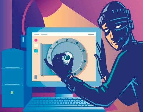 Cyber burglar opening combination safe on computer monitor