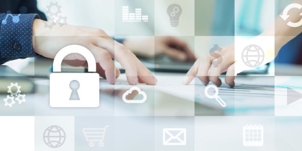 Business professionals look at documents with light bulb padlock and various icons