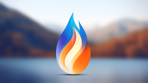 Abstract flames against backdrop of out-of-focus mountains and lake