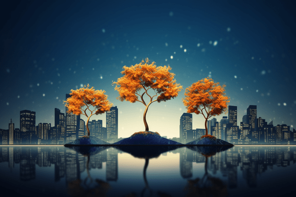Three Trees with Autumn Leaves Grow from Hills on Reflective Surface with Cityscape and Starry Sky in Background