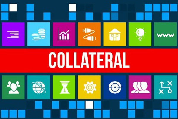Collage of multicolor icons surrounding the word collateral in red box on a dark blue background