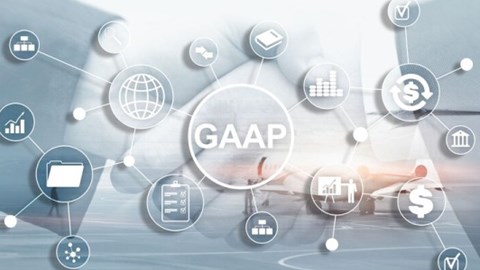 Extending from center circle with acronym GAAP are lines with business icons in front of a handshake and airplane on a runway