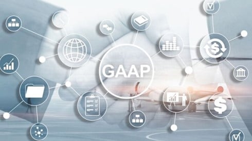 Extending from center circle with acronym GAAP are lines with business icons in front of a handshake and airplane on a runway