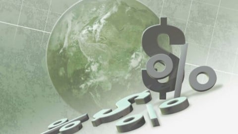 A greenish globe with gray dollar and percentage signs