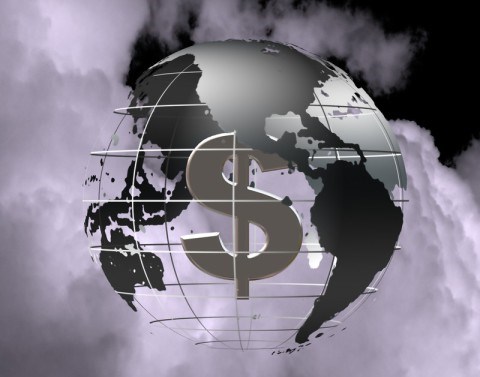 Globe-shaped graph with clouds in background and dollar sign in center