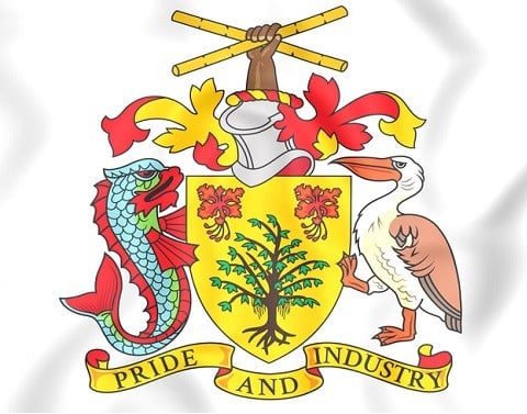 Barbados Coat of Arms showing a helmet with a national symbol on top, and a shield beneath that is supported by two animals.