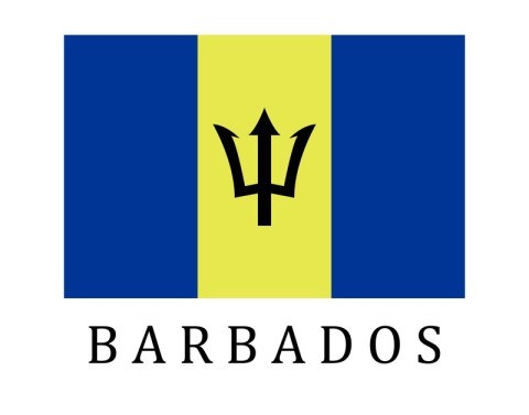 Above the word BARBADOS is its flag with 2 blue vertical outer panels and gold center panel with a broken three-pronged spear