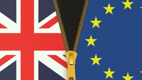 A zipper is separating the flags of Great Britan and Europe