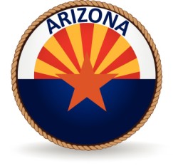 A rope circles the word ARIZONA and 13 red and yellow rays above a solid blue field with a large copper star in the center