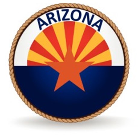 A rope circles the word ARIZONA and 13 red and yellow rays above a solid blue field with a large copper star in the center