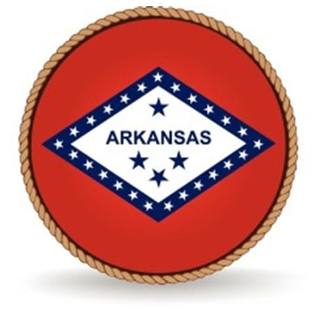 A rope circles a blue diamond that has 25 stars in the border and the word ARKANSAS in center with 3 stars below and 1 above